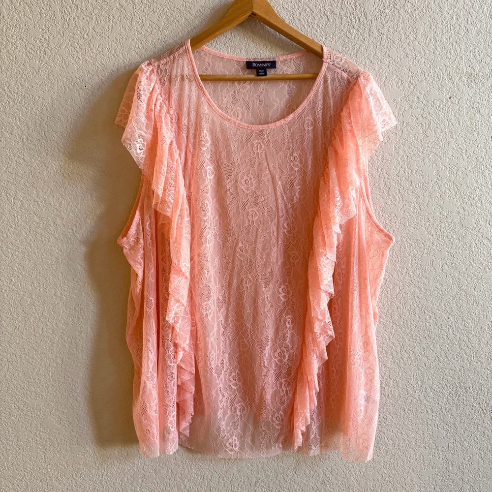 Roaman’s Women Plus Size 4X Peach Pink Sheer Lace Ruffle Lace Cap Sleeve Top‎